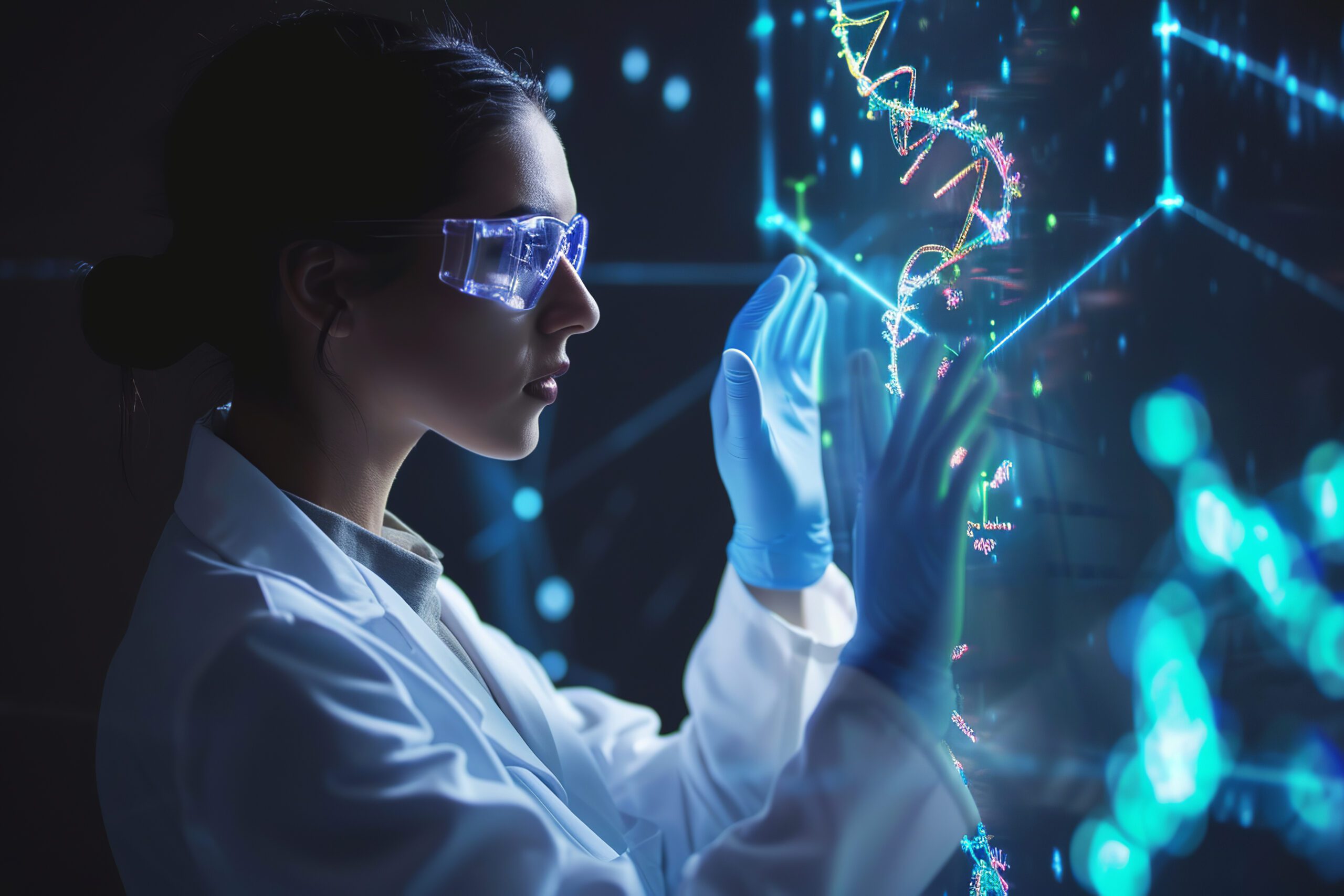 female scientist works on dna and a molecular genetic instrument, demonstrates a holographic presentation of modern biotechnology, innovation, medicine, science
